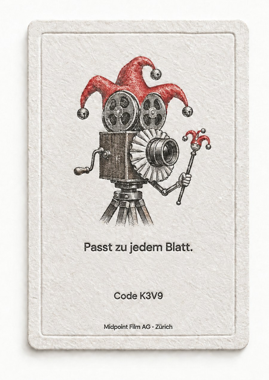 Rückseite: eine Filmkamera als Joker verkleidet. Passt zu jedem Blatt. Code K3V9.